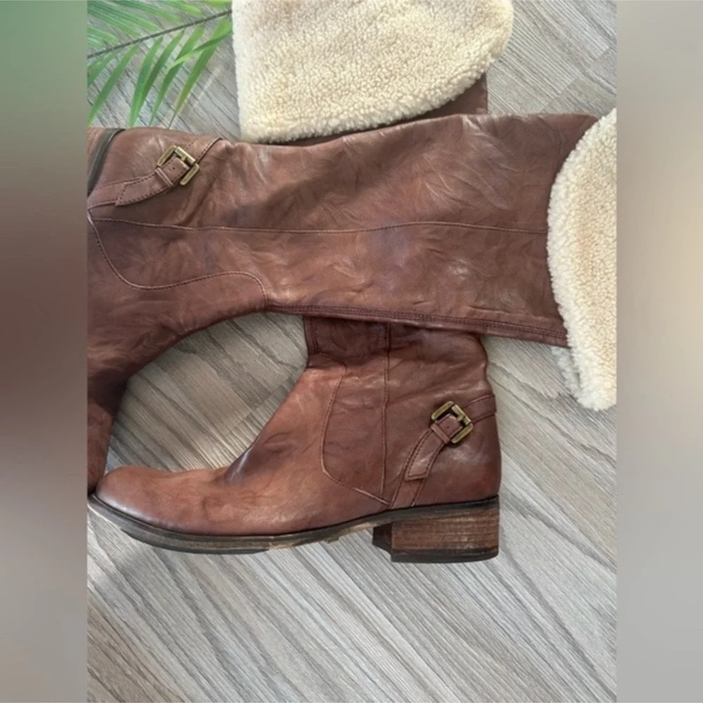✨Sam Edelman Kara Brown Tall Leather Boots with Cream Fur Lining worn 5x